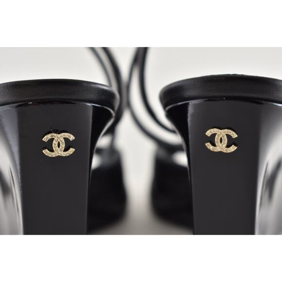 Chanel 24C Black Quilted Lambskin CC Crystal Logo Ankle Strap Sandal Wedge 38 - Picture 15 of 16